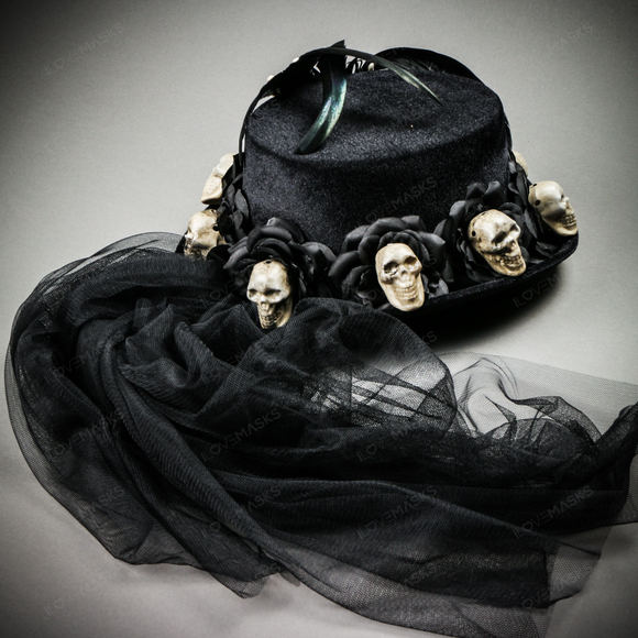 Halloween Skeleton Hand Skull Top Hat with Rose - Black - Picture 5 of 10